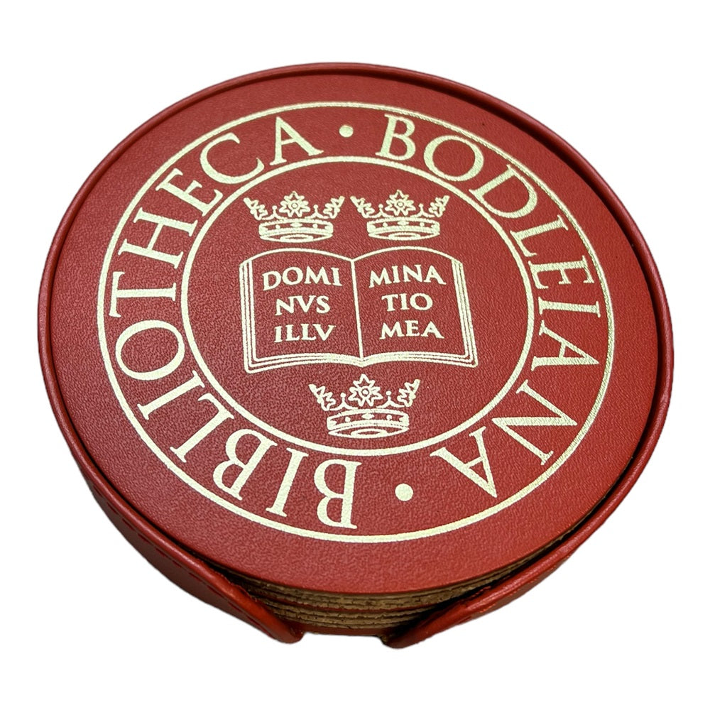 Library Stamp Leather Coaster Set of 6 - Red