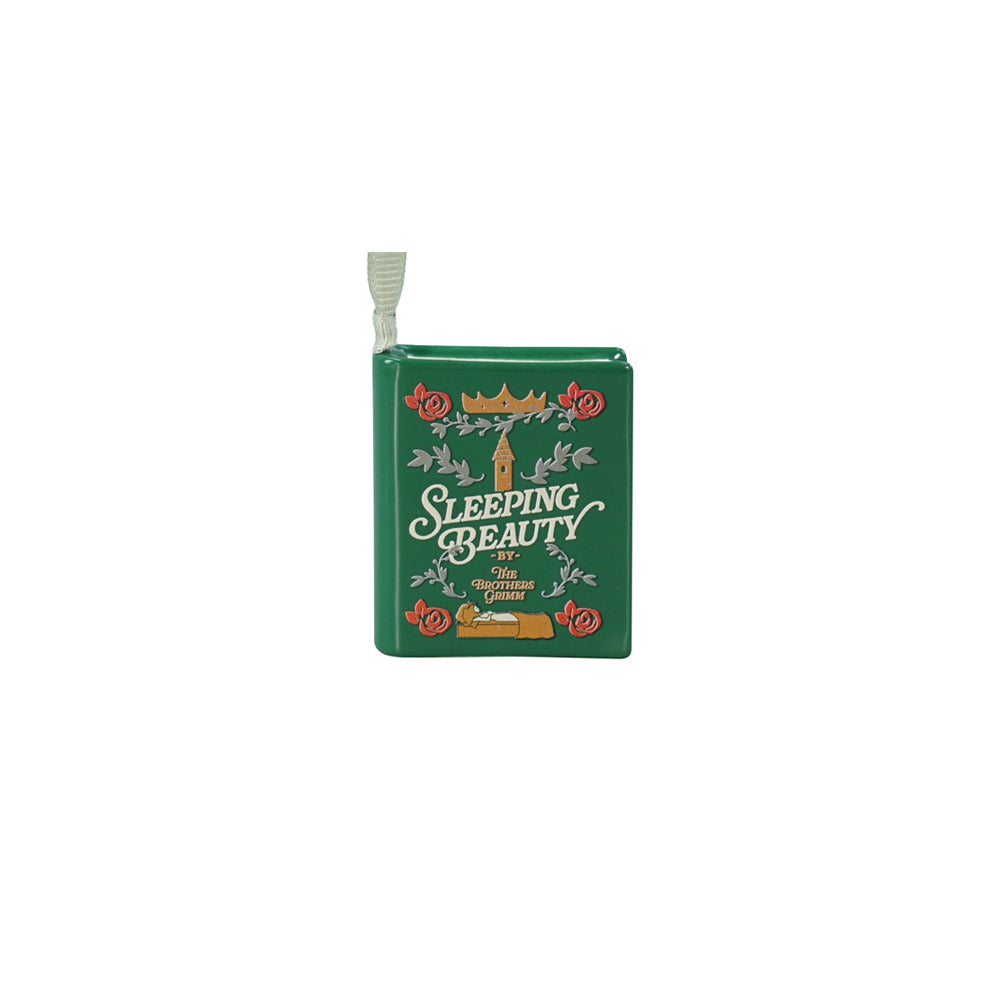 A green book hanging decoration with a white ribbon bookmark, featuring the text 'Sleeping Beauty' in white script with gold and red decorative accents, set against a plain white background.