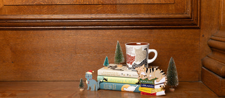 A collection of cat themed books, decorations and a mug are sat on a wooden shelf with a wood background