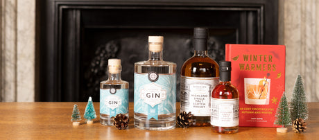 in front of our fire place on a wooden surface there are bottles of Bodleian gin and whisky with a cocktail book called Winter Warmers and some bottle brush style mini Christmas tree decorations