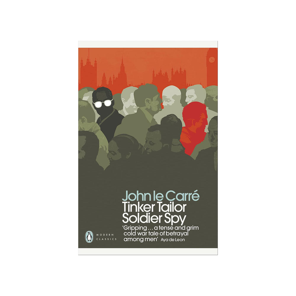 Book cover of 'Tinker Tailor Soldier Spy' by John le Carré with a stylized illustration of people and a red background.