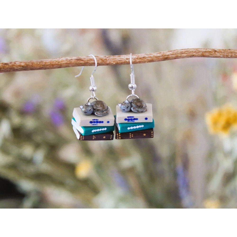 Grey Tabby Cat Book Stack Earrings