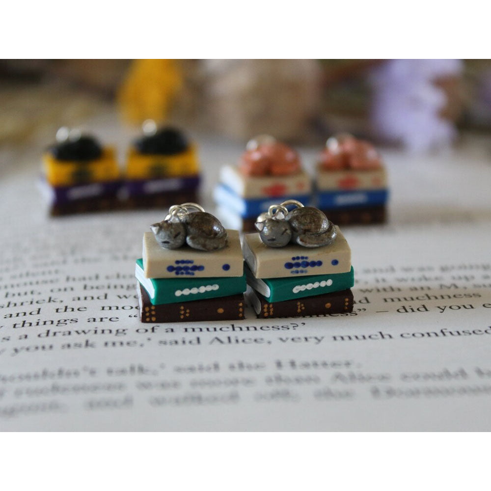 Grey Tabby Cat Book Stack Earrings