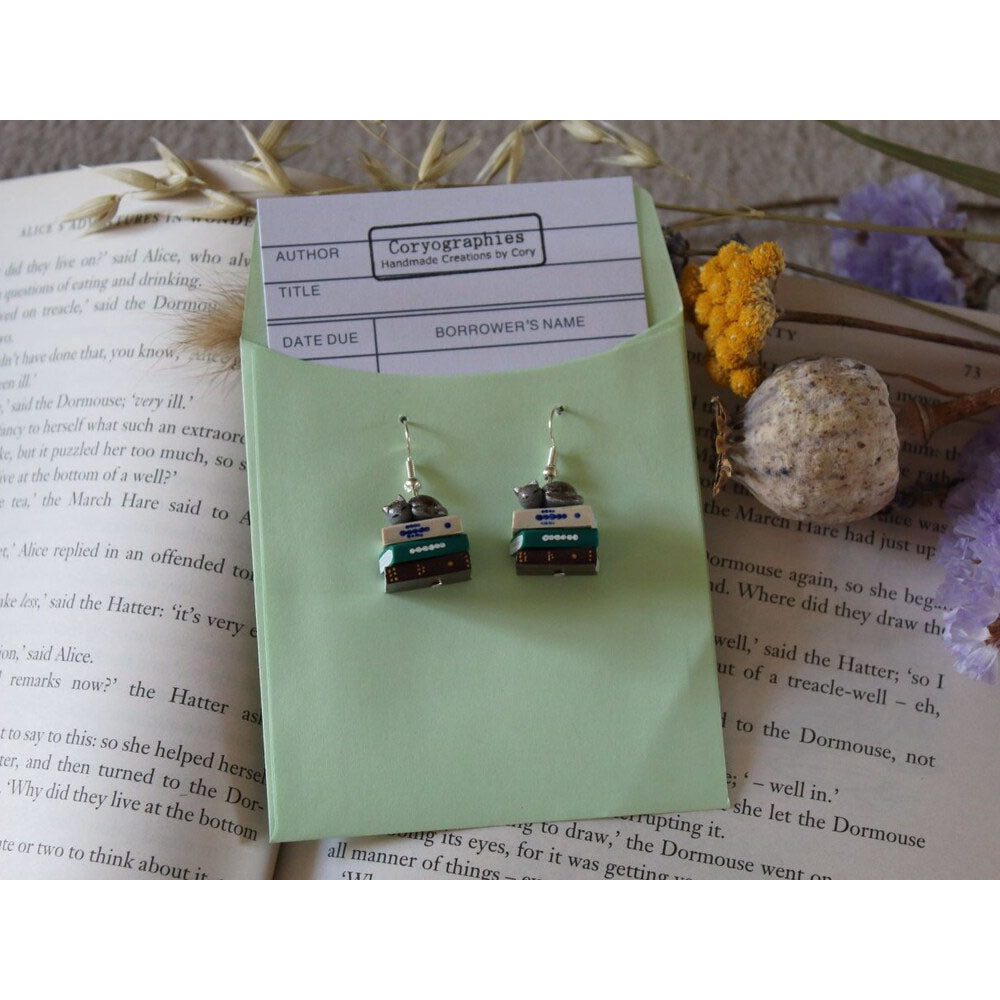 Grey Tabby Cat Book Stack Earrings