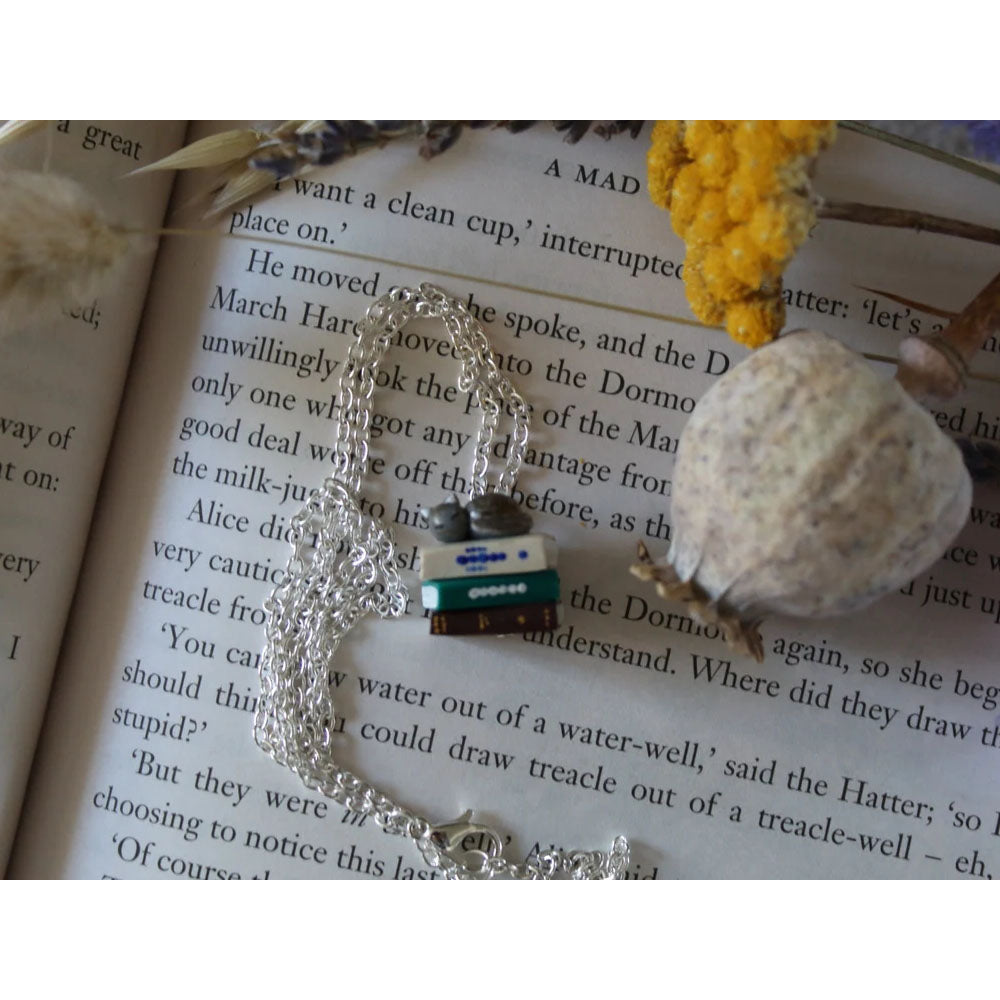 Grey Tabby Cat Book Stack Necklace