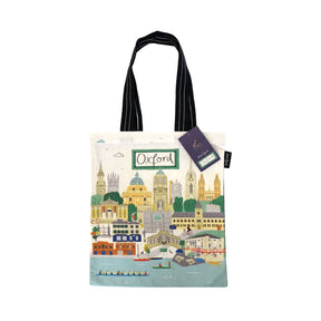 Tote bag with Oxford cityscape design on a white background