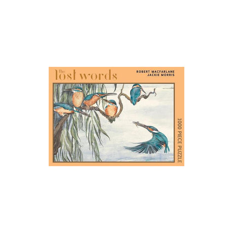 Jigsaw puzzle box with bird illustration and 'The Lost Words' text on a white background