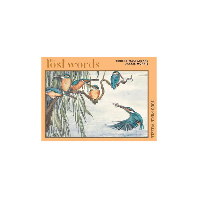 Jigsaw puzzle box with bird illustration and 'The Lost Words' text on a white background