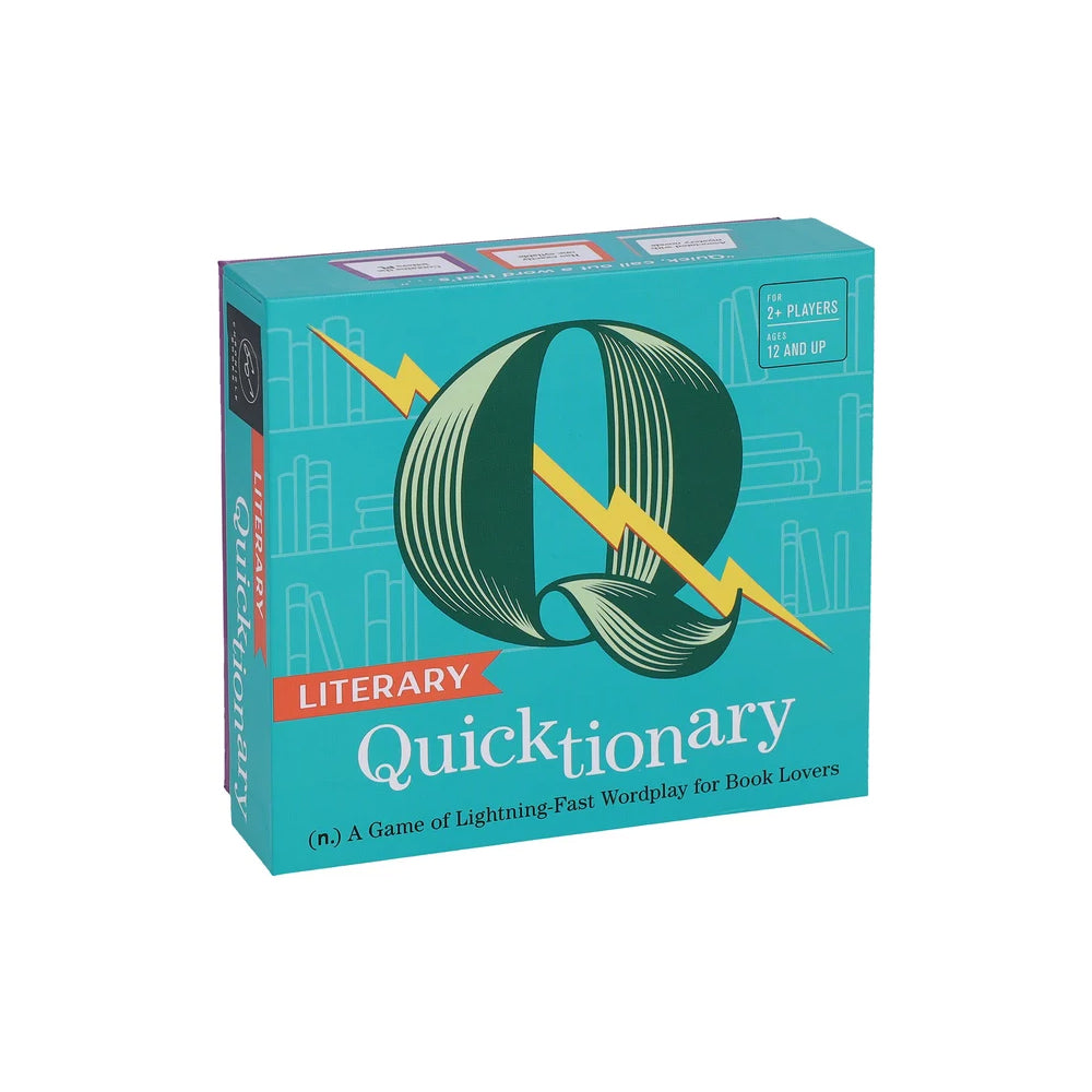 The box for the board game Quickionary Literary Edition, featuring a teal background with a large stylized green 'Q' and yellow lightning bolt graphic, and white title text.