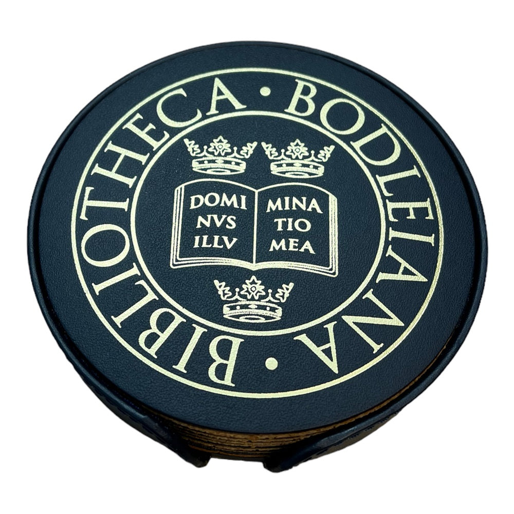 Library Stamp Leather Coaster Set of 6 - Navy