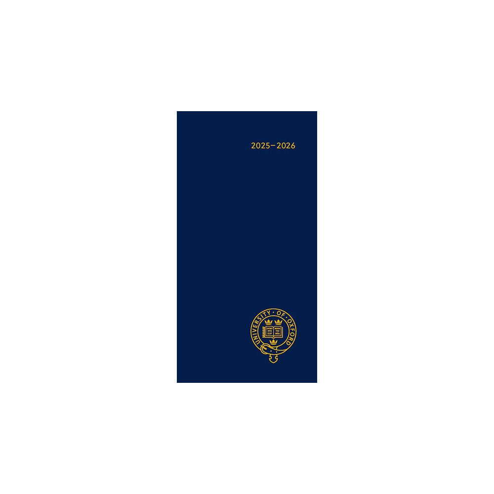 A dark blue academic diary for 2025-2026 with a marker ribbon and the University of Oxford's coat of arms on the front cover.