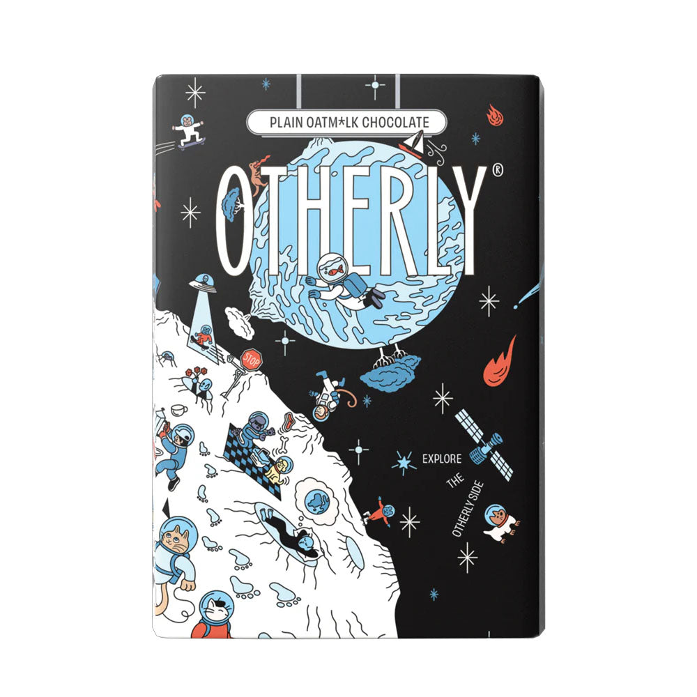 Otherly chocolate packaging with space-themed illustrations on a black background