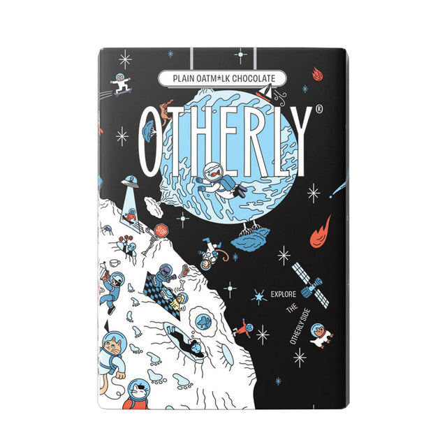 Otherly chocolate packaging with space-themed illustrations on a black background