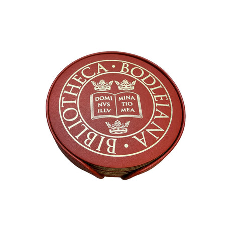 Red circular container with 'Bibliotheca Bodleiana' text and design on a white background