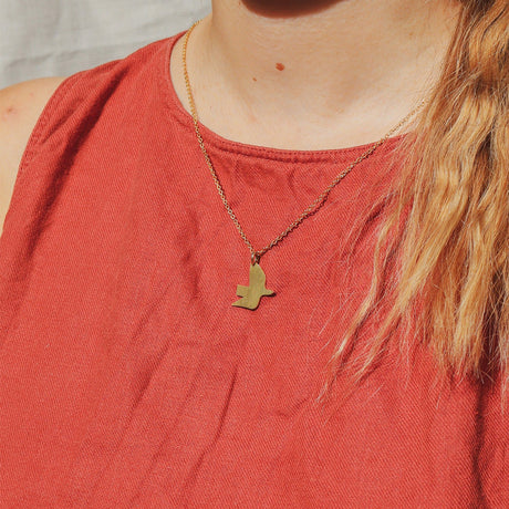 Person wearing a gold necklace with a bird pendant on a red shirt.