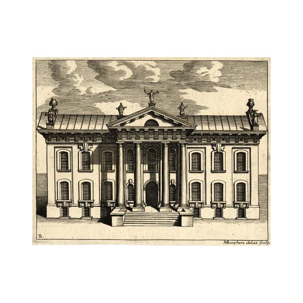 View of front of Clarendon Building, Oxford. 1712/27, Michael Burghers.
Etching with engraving 
Held at the British Museum, Gg,4V.53