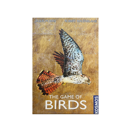 Board game box for 'The Game of Birds' with a hawk illustration on a brown background