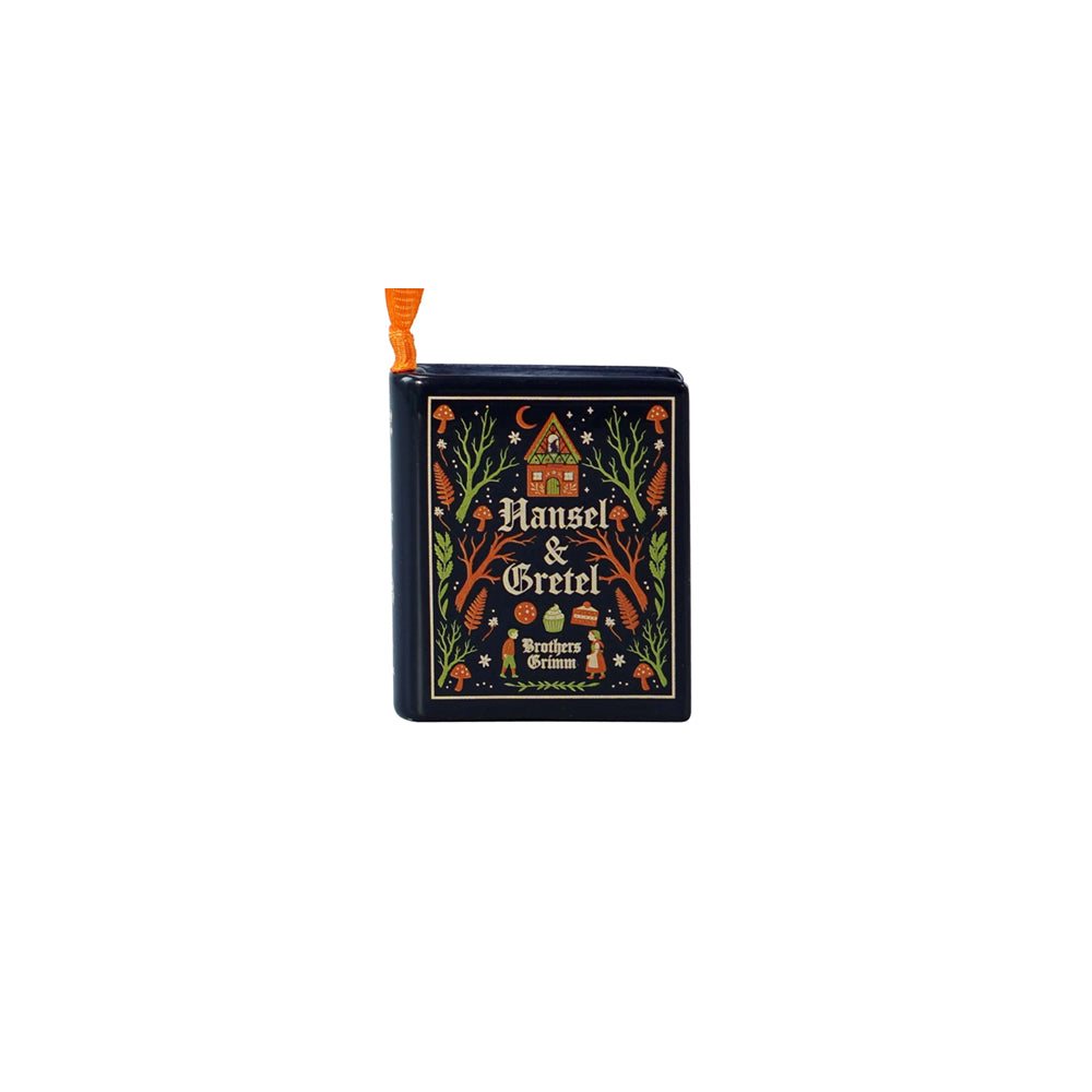 A hanging book decoration 'Hansel & Gretel Brothers Grimm' with an ornate illustrated cover and an orange pull tab, shown on a plain white background.