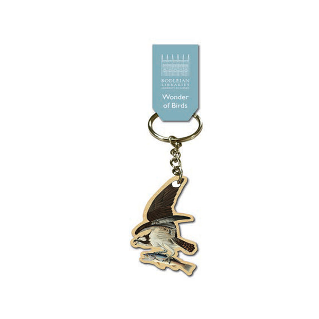 Keychain with bird design and blue tag on a white background