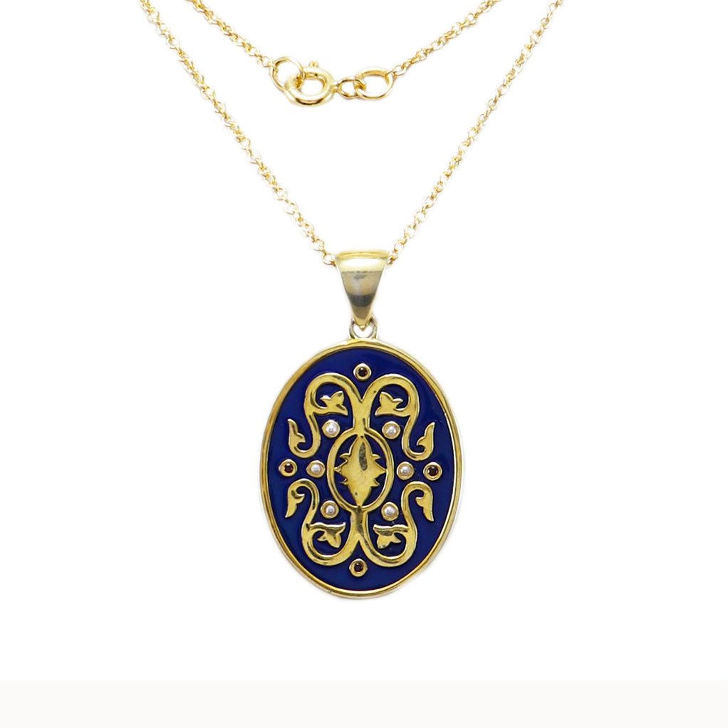 Illuminated Enamel, Garnet & Pearl Pendant Necklace