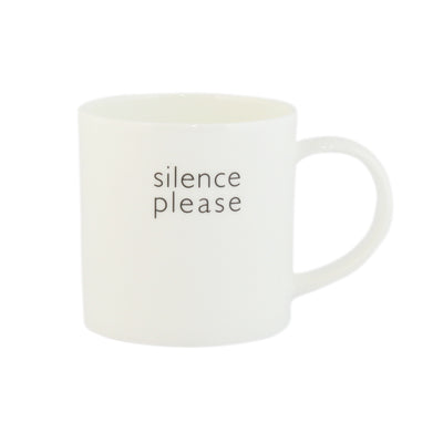 A white bone china mug with the text 'silence please' printed on it.