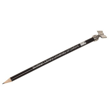 A black pencil with a book-shaped pencil topper made from pewter, featuring the Bodleian Libraries logo and the text 'Bodleian Library, University of Oxford'.